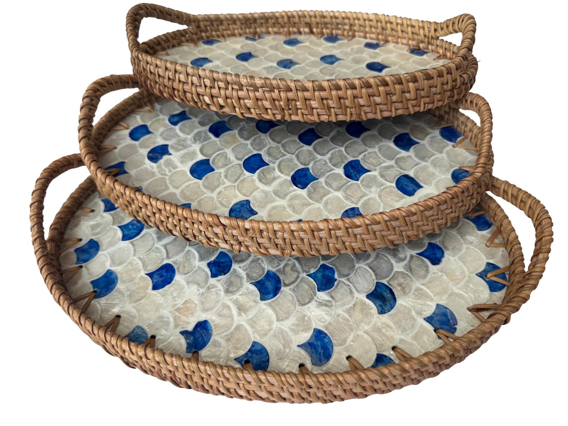 Oval Rattan Tray with Handles and Mother of Pearl Inlay Base, Handmade Woven Serving Tray, Boho Home Decor, Handmade Vietnam 133