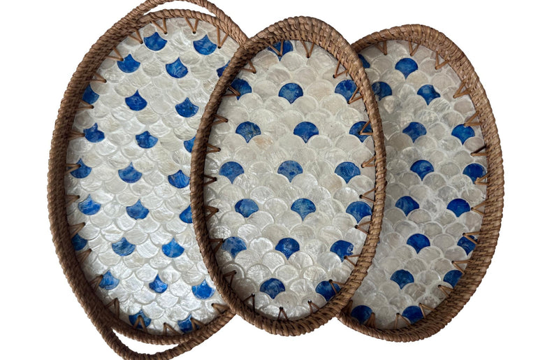 Oval Rattan Tray with Handles and Mother of Pearl Inlay Base, Handmade Woven Serving Tray, Boho Home Decor, Handmade Vietnam 133