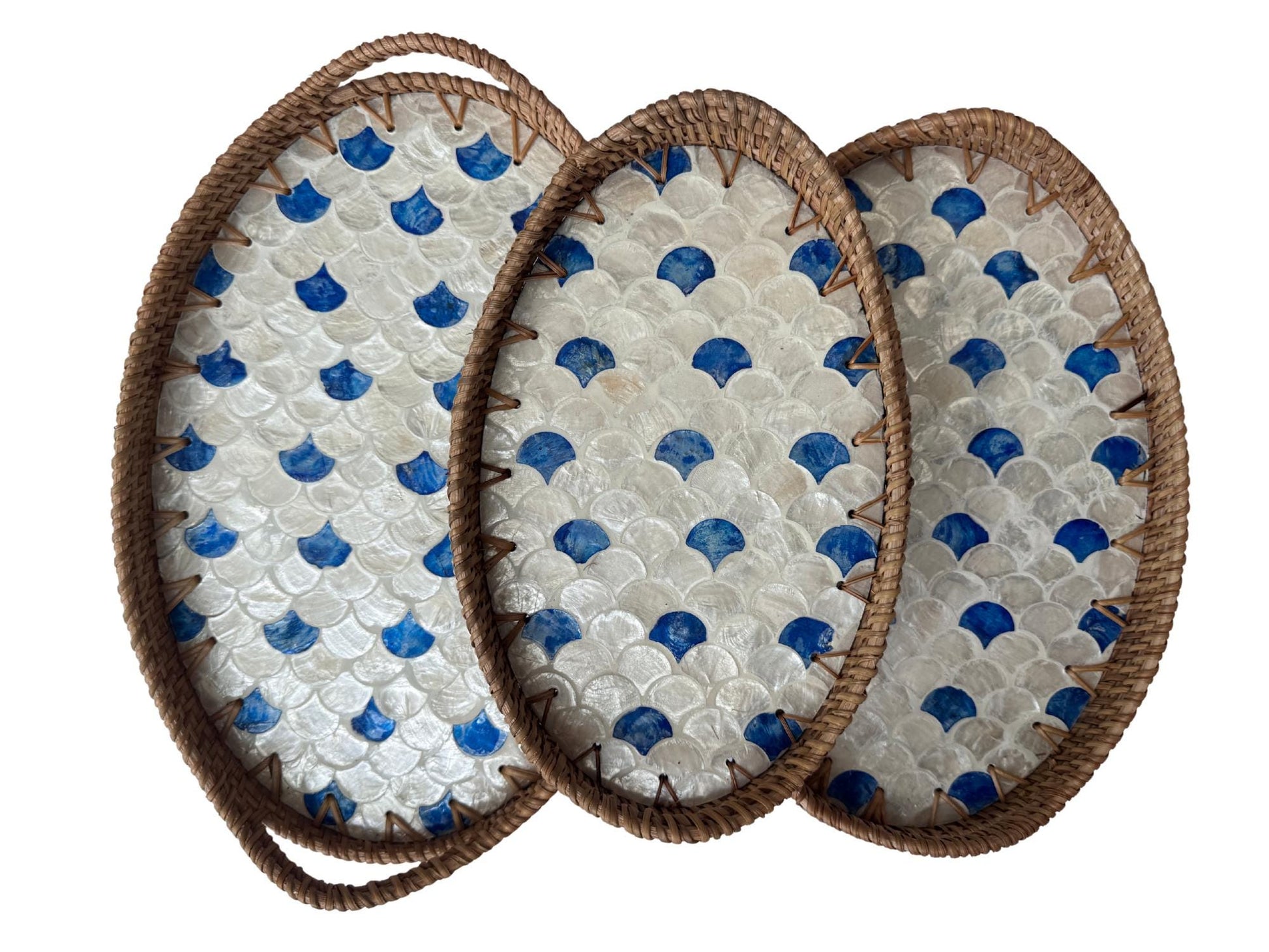 Oval Rattan Tray with Handles and Mother of Pearl Inlay Base, Handmade Woven Serving Tray, Boho Home Decor, Handmade Vietnam 133