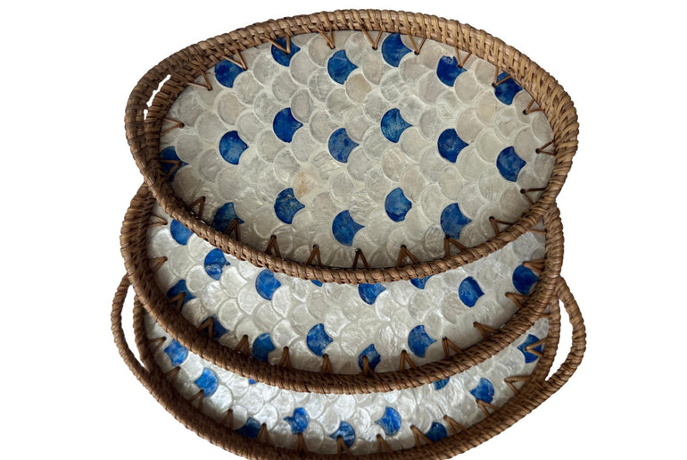 Oval Rattan Tray with Handles and Mother of Pearl Inlay Base, Handmade Woven Serving Tray, Boho Home Decor, Handmade Vietnam 133