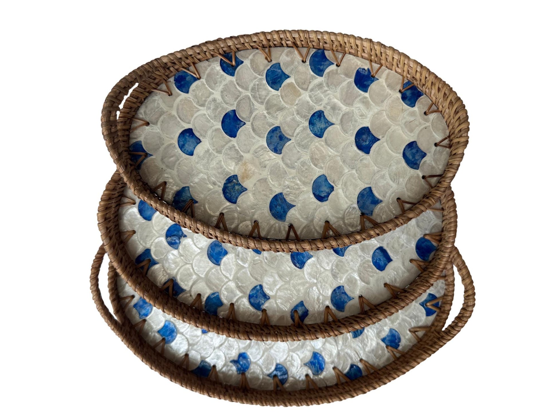 Oval Rattan Tray with Handles and Mother of Pearl Inlay Base, Handmade Woven Serving Tray, Boho Home Decor, Handmade Vietnam 133