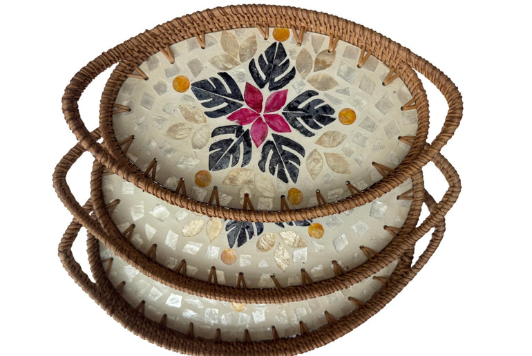 Oval Rattan Tray with Handles and Mother of Pearl Inlay Base, Handmade Woven Serving Tray, Boho Home Decor, Handmade Vietnam 134