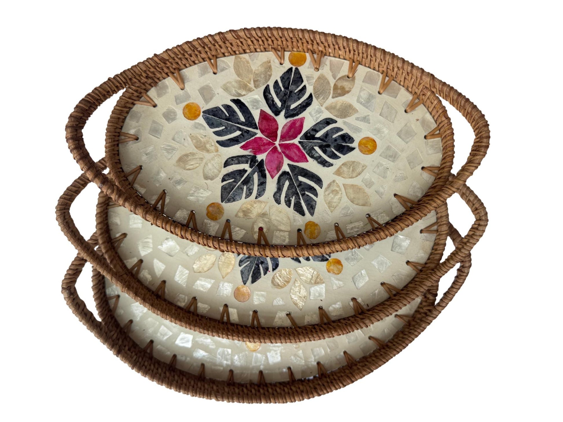 Oval Rattan Tray with Handles and Mother of Pearl Inlay Base, Handmade Woven Serving Tray, Boho Home Decor, Handmade Vietnam 134