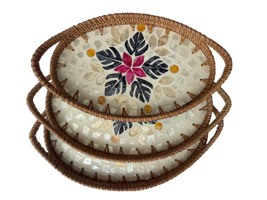 Oval Rattan Tray with Handles and Mother of Pearl Inlay Base, Handmade Woven Serving Tray, Boho Home Decor, Handmade Vietnam 134