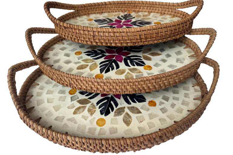 Oval Rattan Tray with Handles and Mother of Pearl Inlay Base, Handmade Woven Serving Tray, Boho Home Decor, Handmade Vietnam 134