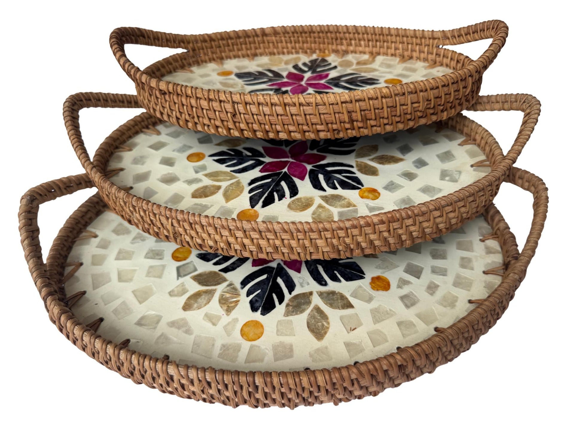 Oval Rattan Tray with Handles and Mother of Pearl Inlay Base, Handmade Woven Serving Tray, Boho Home Decor, Handmade Vietnam 134