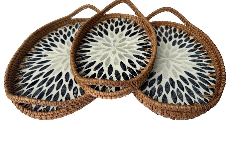 Oval Rattan Tray with Handles and Mother of Pearl Inlay Base, Handmade Woven Serving Tray, Boho Home Decor, Handmade Vietnam 111