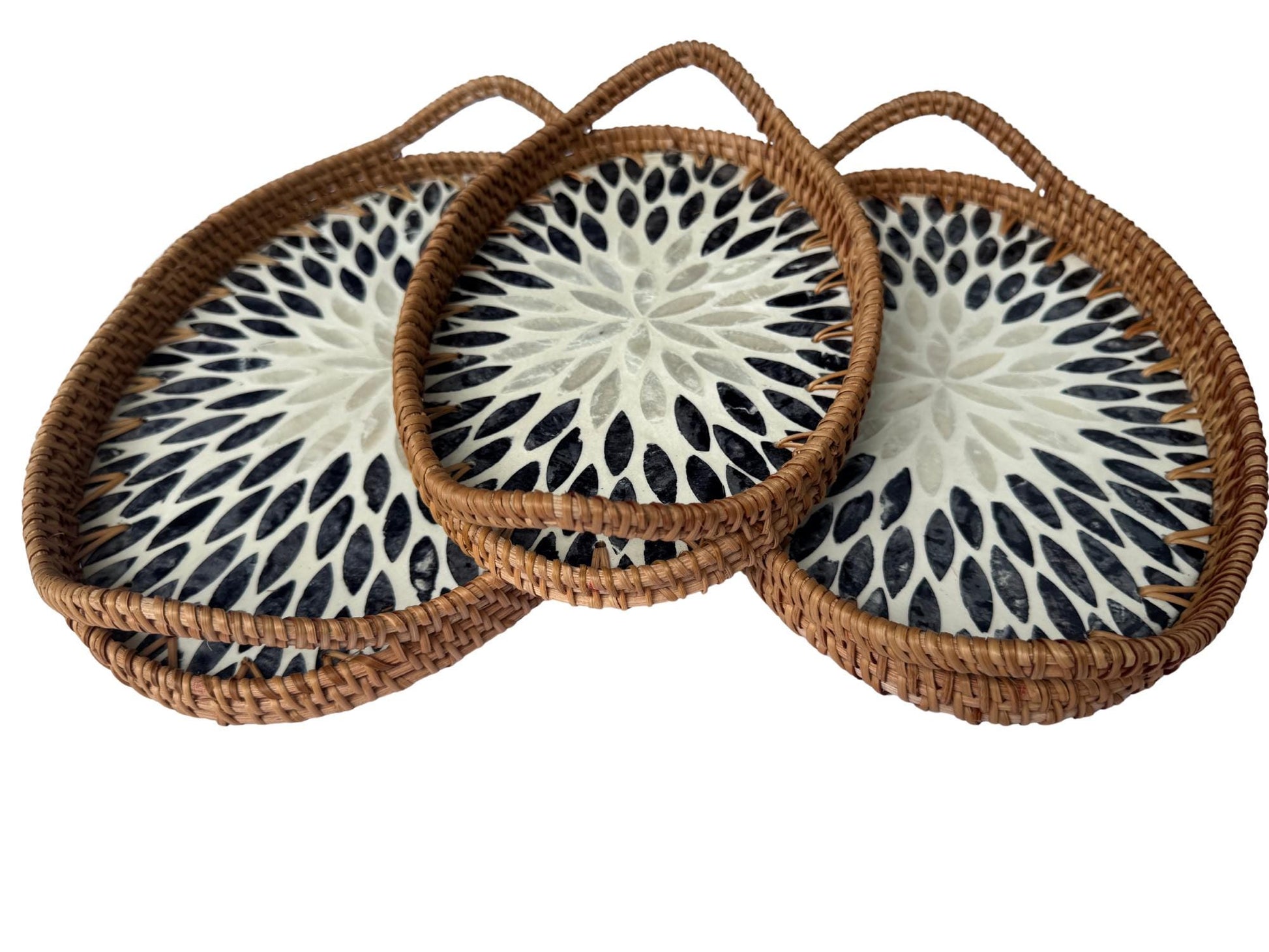 Oval Rattan Tray with Handles and Mother of Pearl Inlay Base, Handmade Woven Serving Tray, Boho Home Decor, Handmade Vietnam 111