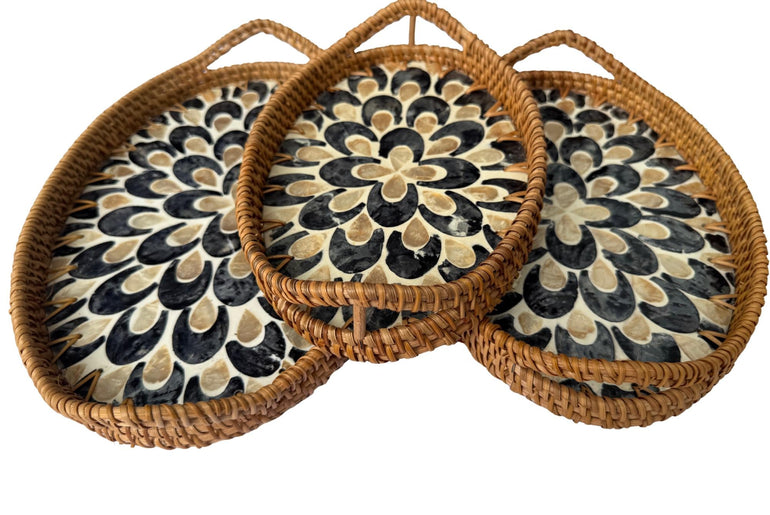 Oval Rattan Tray with Handles and Mother of Pearl Inlay Base, Handmade Woven Serving Tray, Boho Home Decor, Handmade Vietnam 110