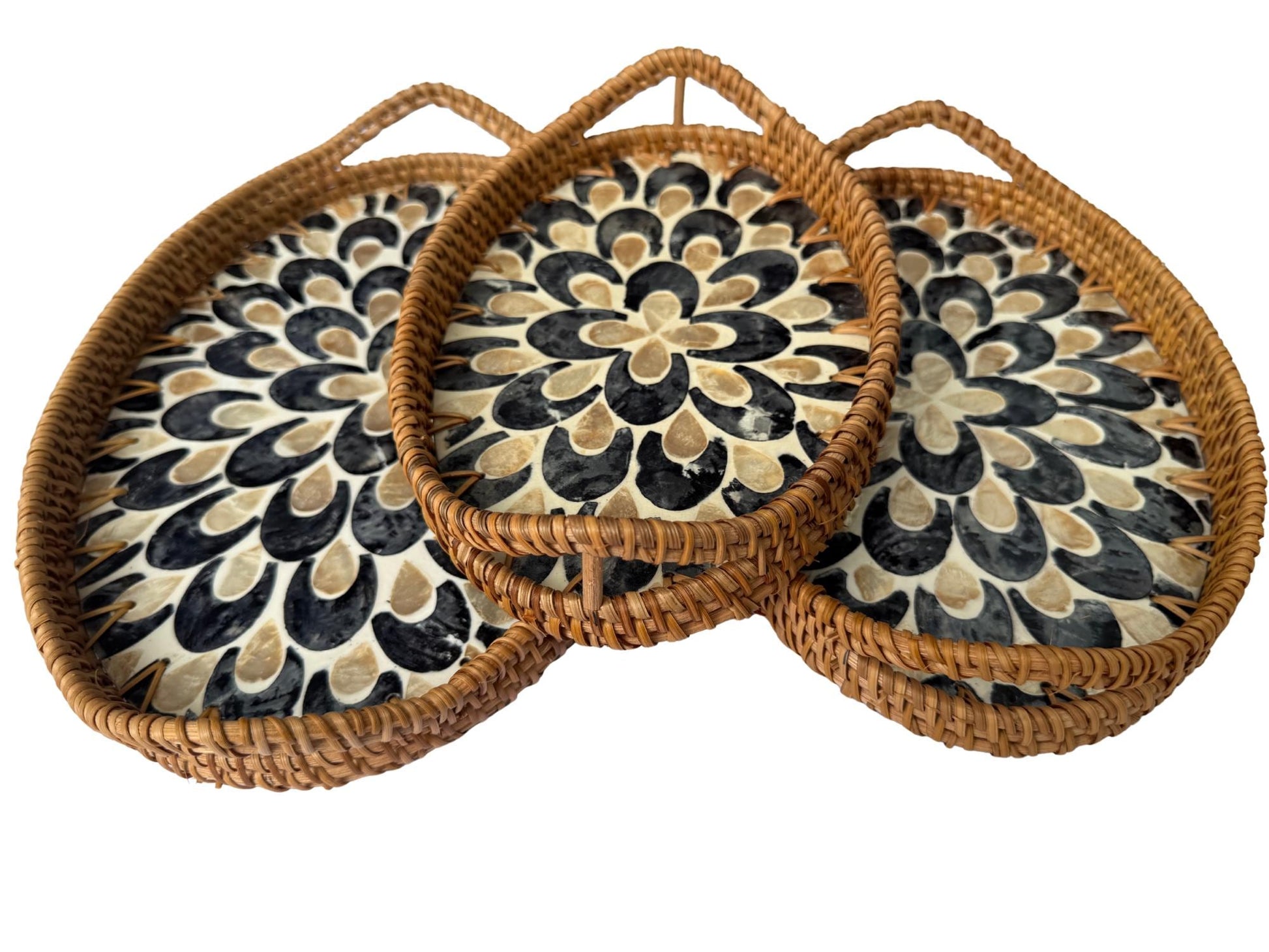 Oval Rattan Tray with Handles and Mother of Pearl Inlay Base, Handmade Woven Serving Tray, Boho Home Decor, Handmade Vietnam 110
