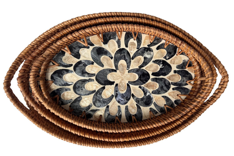 Oval Rattan Tray with Handles and Mother of Pearl Inlay Base, Handmade Woven Serving Tray, Boho Home Decor, Handmade Vietnam 110