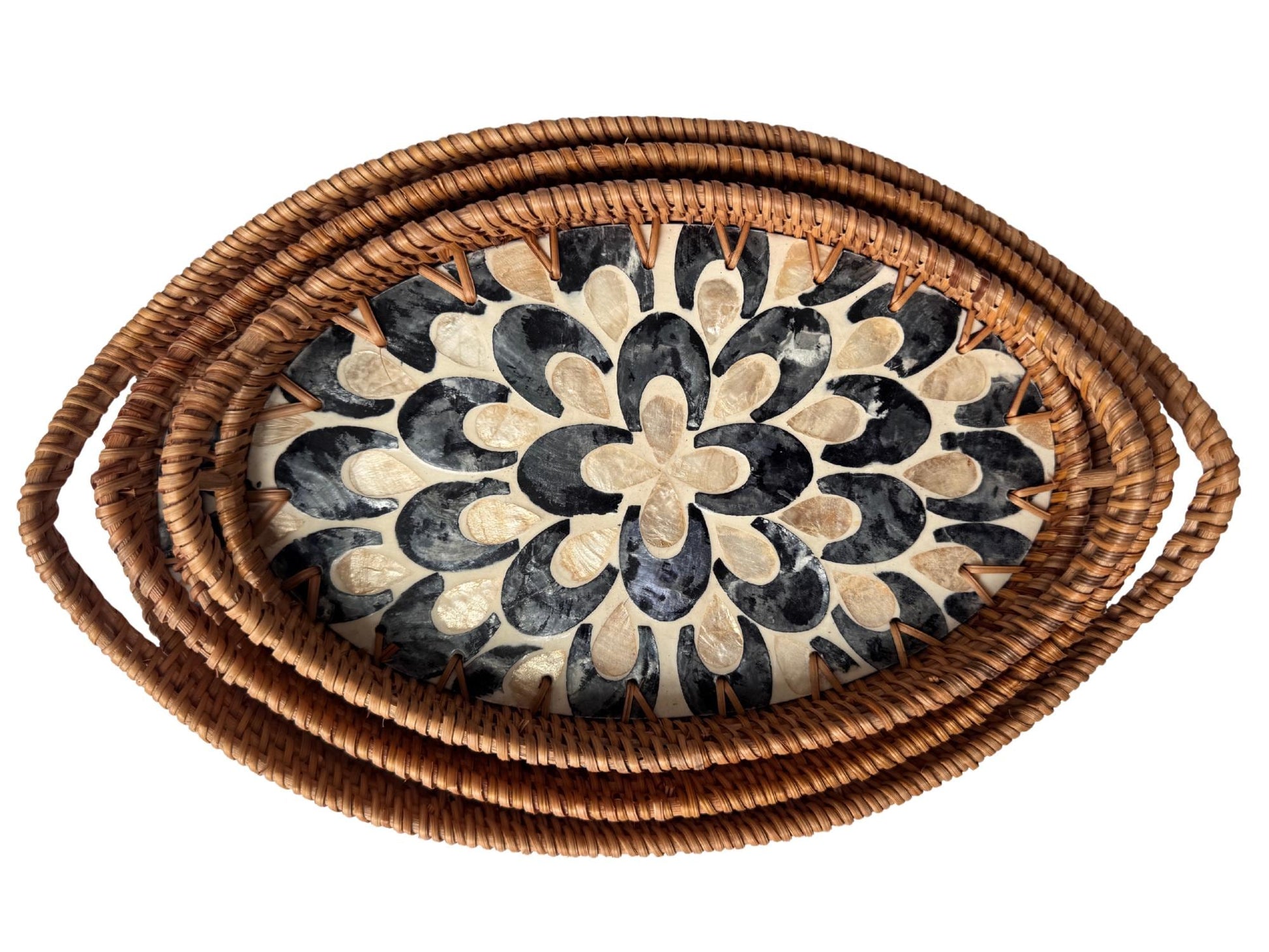 Oval Rattan Tray with Handles and Mother of Pearl Inlay Base, Handmade Woven Serving Tray, Boho Home Decor, Handmade Vietnam 110