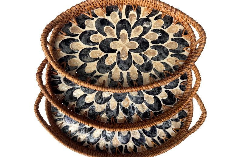 Oval Rattan Tray with Handles and Mother of Pearl Inlay Base, Handmade Woven Serving Tray, Boho Home Decor, Handmade Vietnam 110
