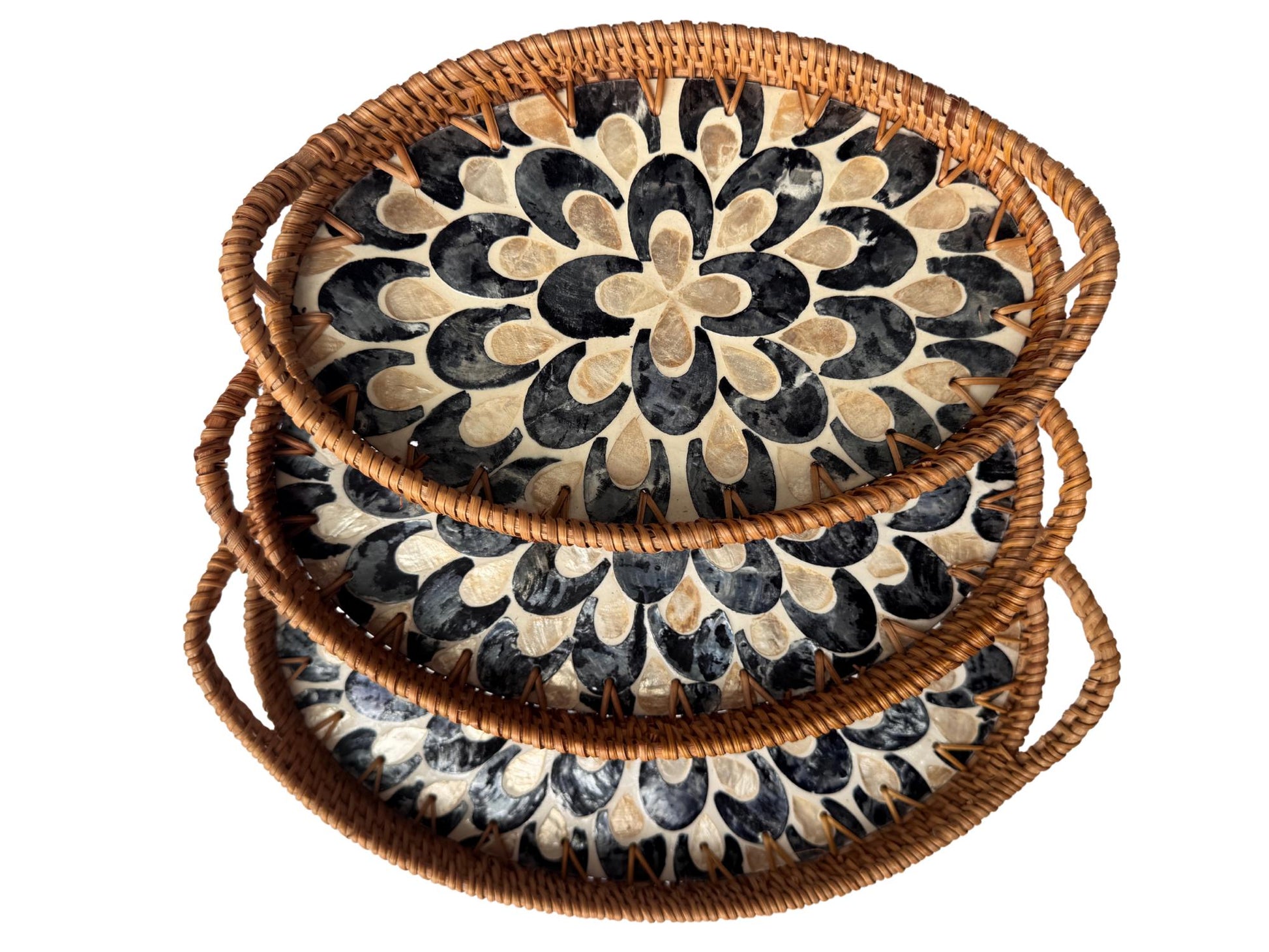 Oval Rattan Tray with Handles and Mother of Pearl Inlay Base, Handmade Woven Serving Tray, Boho Home Decor, Handmade Vietnam 110