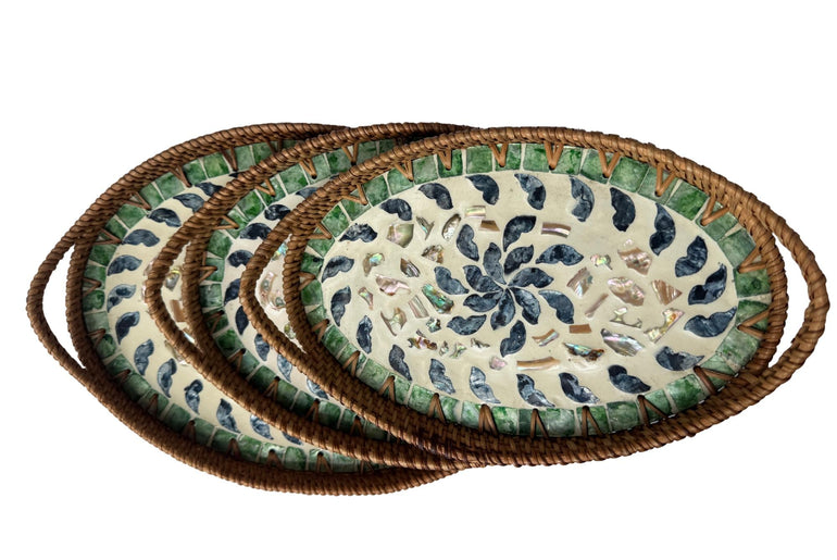 Oval Rattan Tray with Handles and Mother of Pearl Inlay Base, Handmade Woven Serving Tray, Boho Home Decor, Handmade Vietnam 130