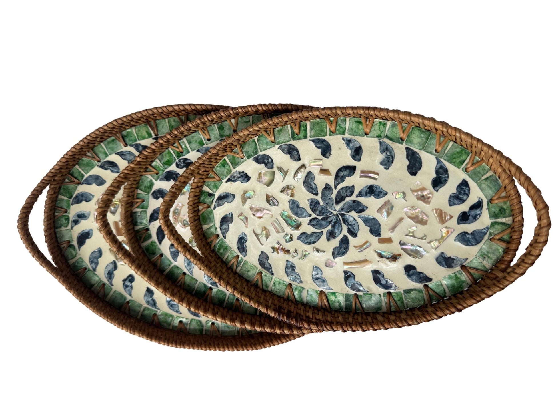 Oval Rattan Tray with Handles and Mother of Pearl Inlay Base, Handmade Woven Serving Tray, Boho Home Decor, Handmade Vietnam 130