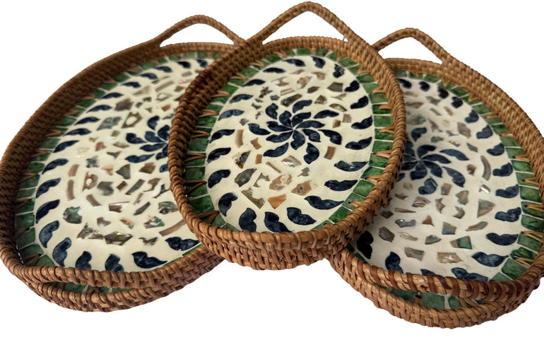 Oval Rattan Tray with Handles and Mother of Pearl Inlay Base, Handmade Woven Serving Tray, Boho Home Decor, Handmade Vietnam 130