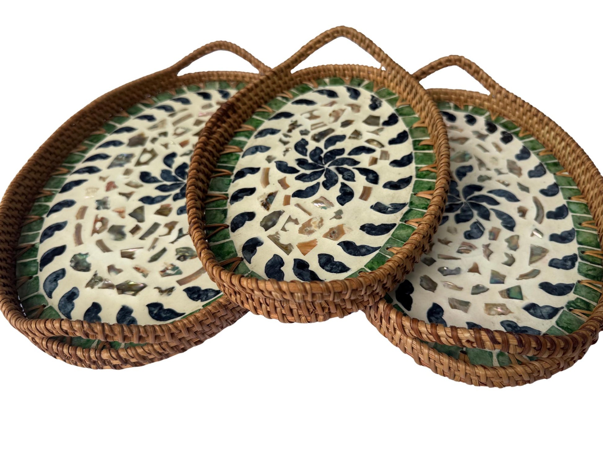 Oval Rattan Tray with Handles and Mother of Pearl Inlay Base, Handmade Woven Serving Tray, Boho Home Decor, Handmade Vietnam 130