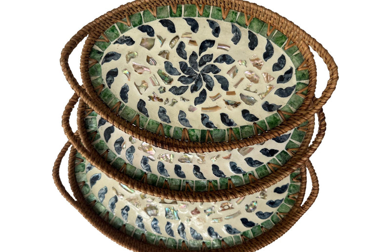 Oval Rattan Tray with Handles and Mother of Pearl Inlay Base, Handmade Woven Serving Tray, Boho Home Decor, Handmade Vietnam 130
