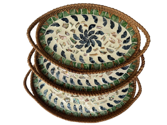 Oval Rattan Tray with Handles and Mother of Pearl Inlay Base, Handmade Woven Serving Tray, Boho Home Decor, Handmade Vietnam 130