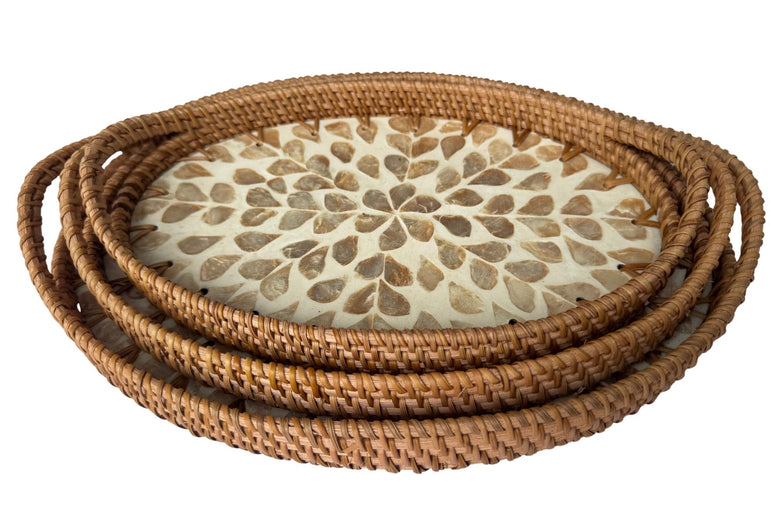 Oval Rattan Tray with Handles and Mother of Pearl Inlay Base, Handmade Woven Serving Tray, Boho Home Decor, Handmade Vietnam 128