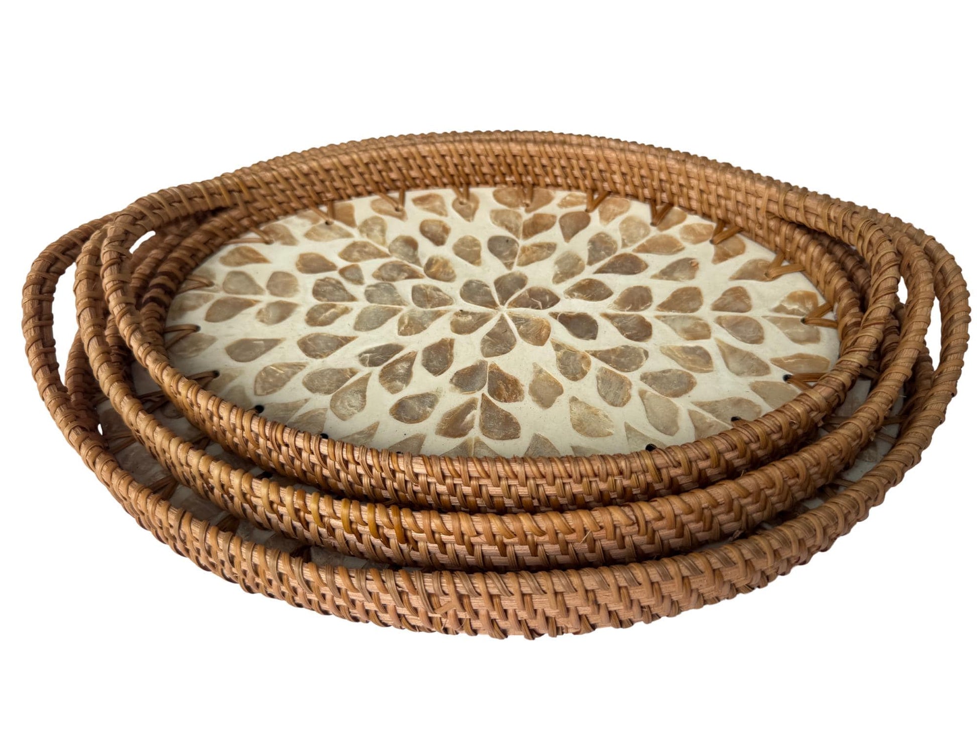 Oval Rattan Tray with Handles and Mother of Pearl Inlay Base, Handmade Woven Serving Tray, Boho Home Decor, Handmade Vietnam 128