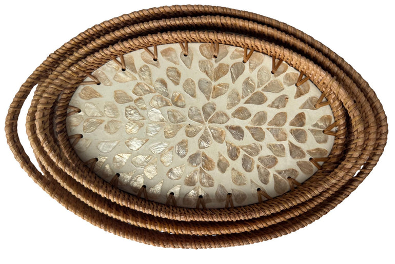 Oval Rattan Tray with Handles and Mother of Pearl Inlay Base, Handmade Woven Serving Tray, Boho Home Decor, Handmade Vietnam 128
