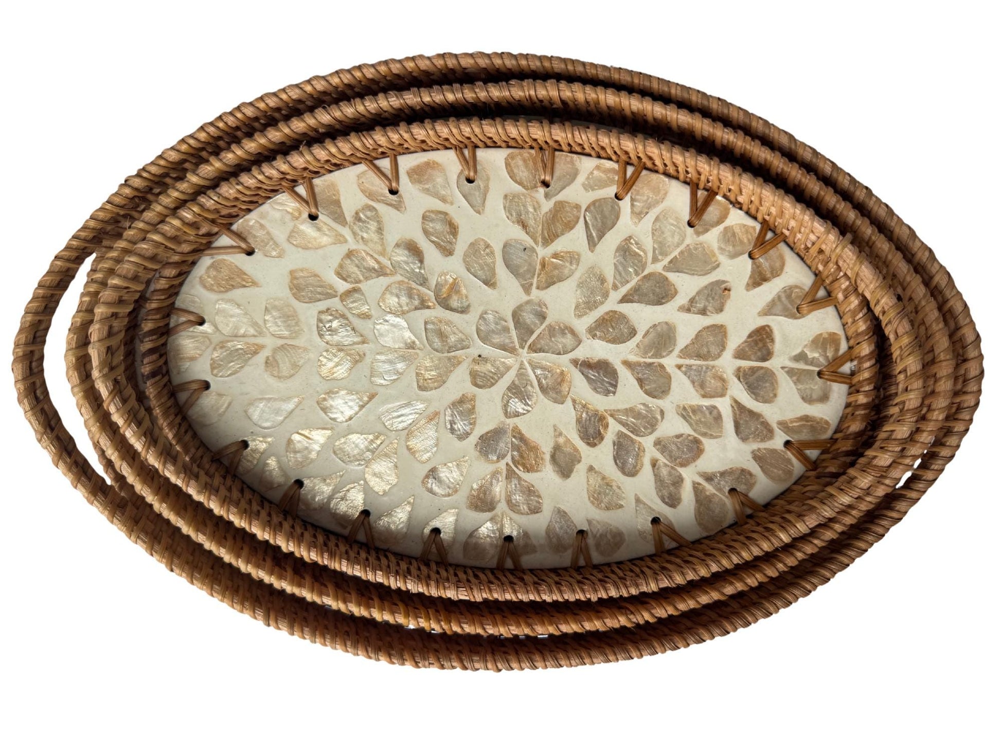 Oval Rattan Tray with Handles and Mother of Pearl Inlay Base, Handmade Woven Serving Tray, Boho Home Decor, Handmade Vietnam 128