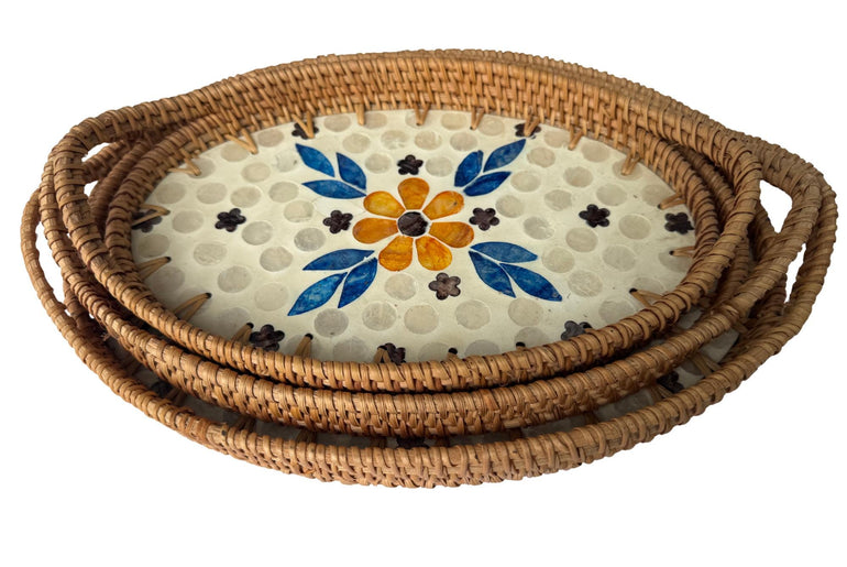 Oval Rattan Tray with Handles and Mother of Pearl Inlay Base, Handmade Woven Serving Tray, Boho Home Decor, Handmade Vietnam 109