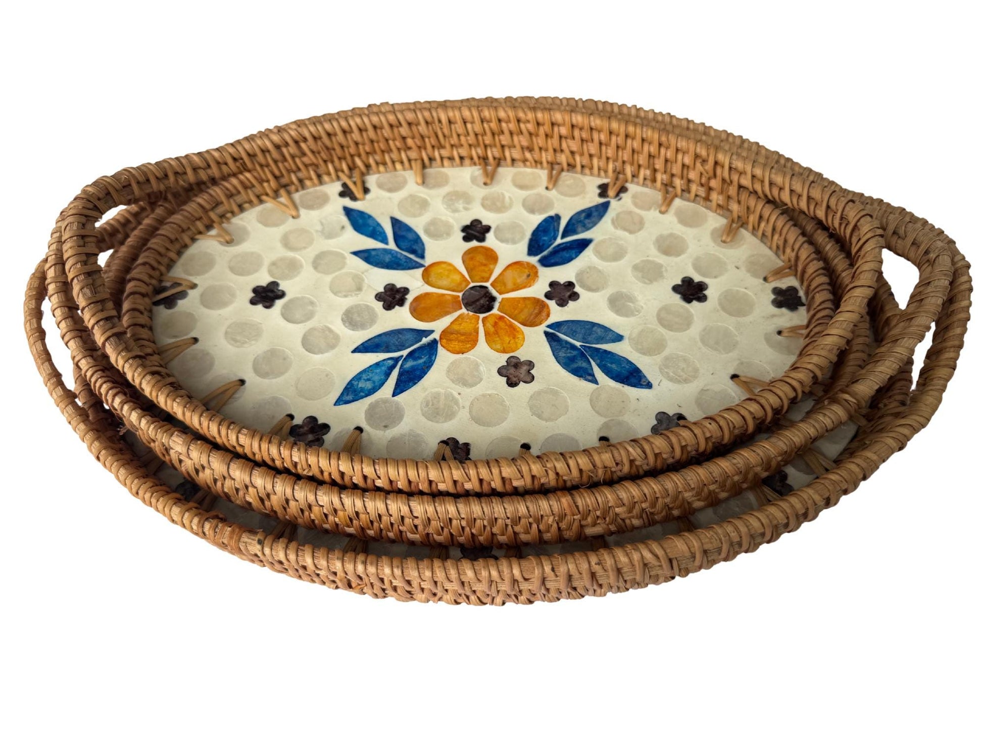 Oval Rattan Tray with Handles and Mother of Pearl Inlay Base, Handmade Woven Serving Tray, Boho Home Decor, Handmade Vietnam 109