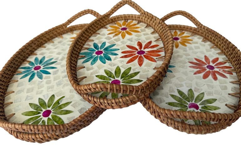 Oval Rattan Tray with Handles and Mother of Pearl Inlay Base, Handmade Woven Serving Tray, Boho Home Decor, Handmade Vietnam 108