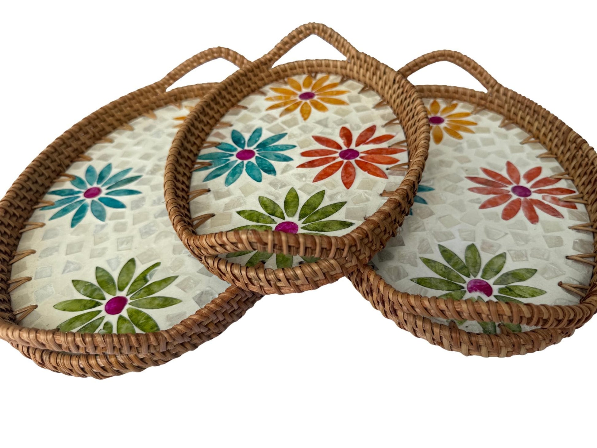 Oval Rattan Tray with Handles and Mother of Pearl Inlay Base, Handmade Woven Serving Tray, Boho Home Decor, Handmade Vietnam 108