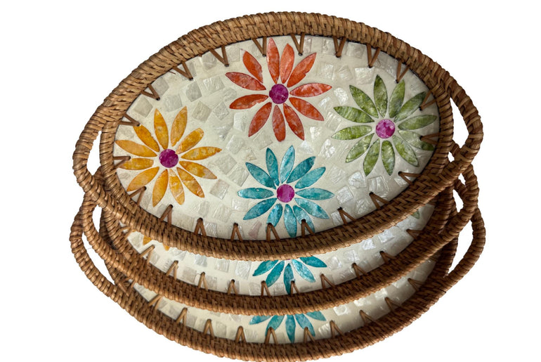 Oval Rattan Tray with Handles and Mother of Pearl Inlay Base, Handmade Woven Serving Tray, Boho Home Decor, Handmade Vietnam 108