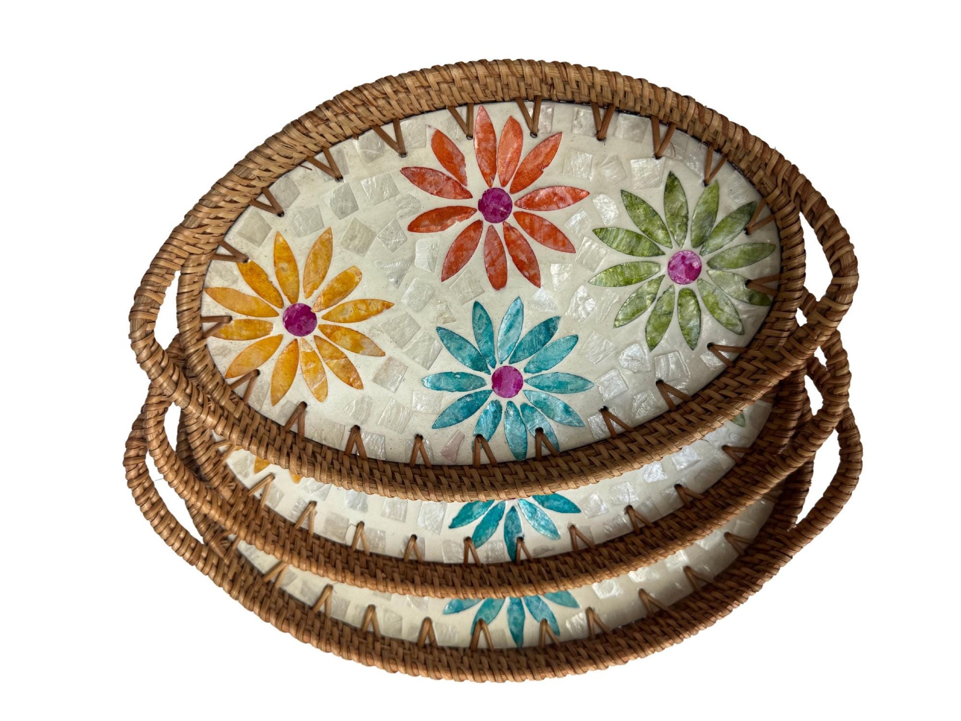 Oval Rattan Tray with Handles and Mother of Pearl Inlay Base, Handmade Woven Serving Tray, Boho Home Decor, Handmade Vietnam 108
