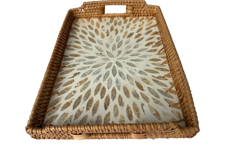 Rectangular Rattan Serving Tray with Handles, Mother of Pearl Inlay Wicker Tray for Coffee Table, Kitchen Organizer, Boho Home Decor Gift 149