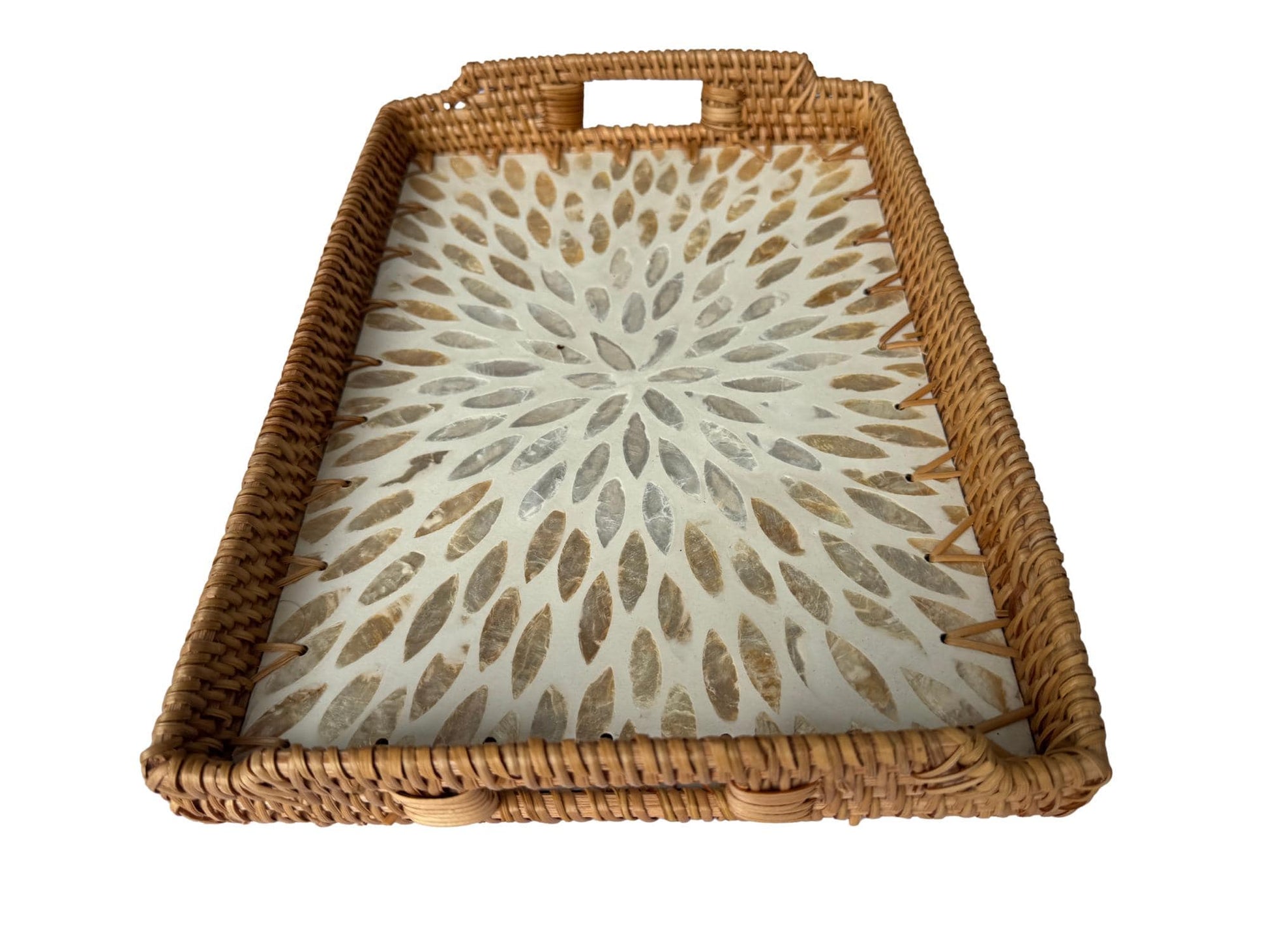 Rectangular Rattan Serving Tray with Handles, Mother of Pearl Inlay Wicker Tray for Coffee Table, Kitchen Organizer, Boho Home Decor Gift 149