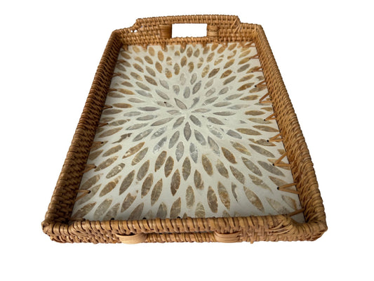Rectangular Rattan Serving Tray with Handles, Mother of Pearl Inlay Wicker Tray for Coffee Table, Kitchen Organizer, Boho Home Decor Gift 149