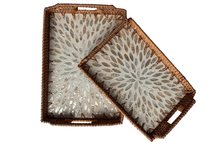 Rectangular Rattan Serving Tray with Handles, Mother of Pearl Inlay Wicker Tray for Coffee Table, Kitchen Organizer, Boho Home Decor Gift 149