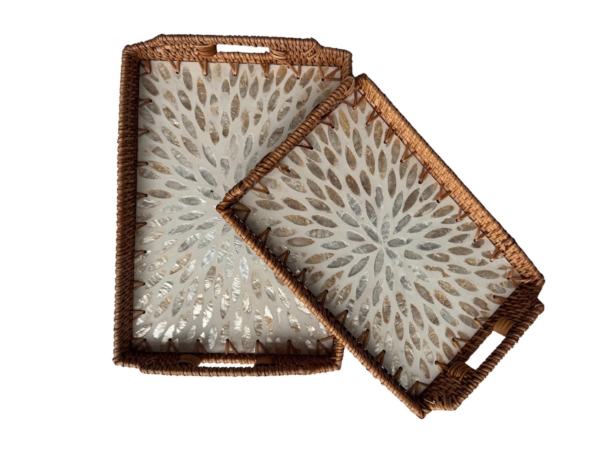 Rectangular Rattan Serving Tray with Handles, Mother of Pearl Inlay Wicker Tray for Coffee Table, Kitchen Organizer, Boho Home Decor Gift 149