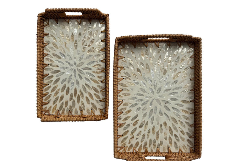 Rectangular Rattan Serving Tray with Handles, Mother of Pearl Inlay Wicker Tray for Coffee Table, Kitchen Organizer, Boho Home Decor Gift 149