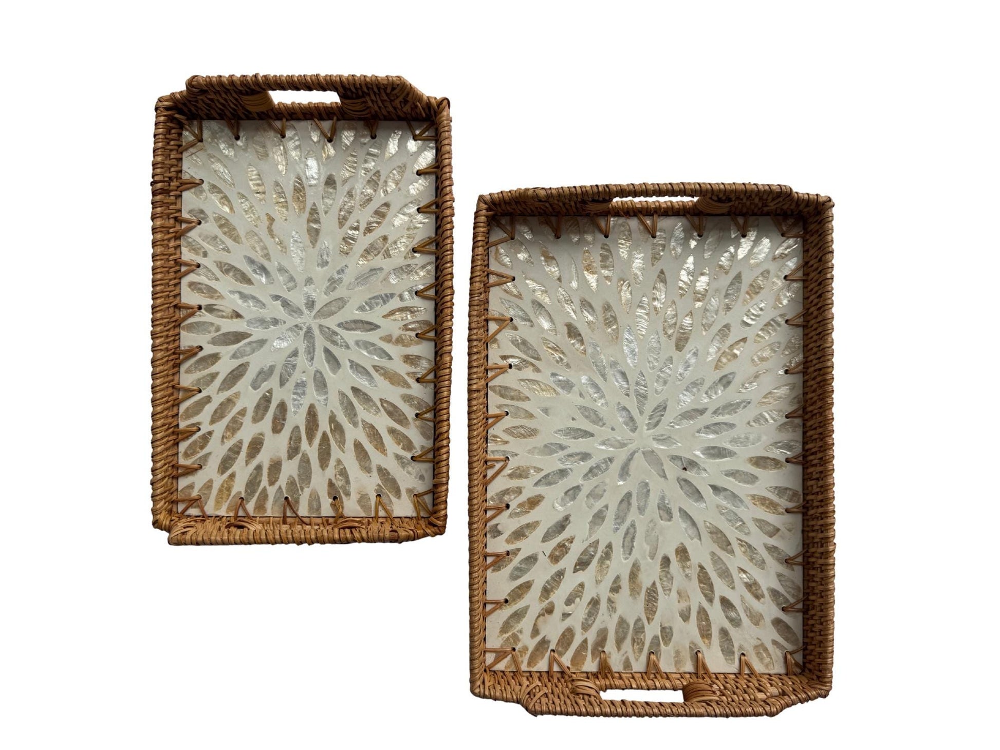 Rectangular Rattan Serving Tray with Handles, Mother of Pearl Inlay Wicker Tray for Coffee Table, Kitchen Organizer, Boho Home Decor Gift 149