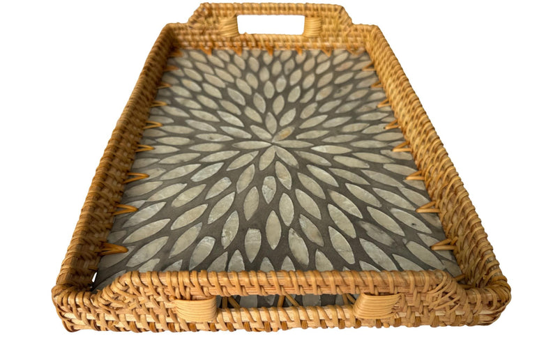 Rectangular Rattan Serving Tray with Handles, Mother of Pearl Inlay Wicker Tray for Coffee Table, Kitchen Organizer, Boho Home Decor Gift 151