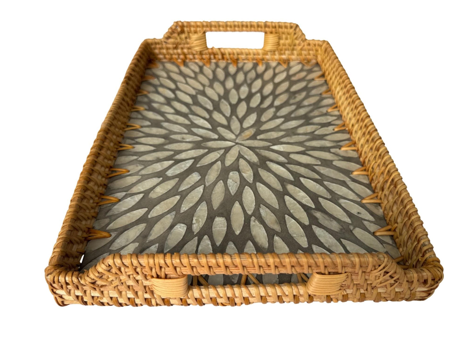 Rectangular Rattan Serving Tray with Handles, Mother of Pearl Inlay Wicker Tray for Coffee Table, Kitchen Organizer, Boho Home Decor Gift 151