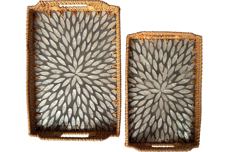 Rectangular Rattan Serving Tray with Handles, Mother of Pearl Inlay Wicker Tray for Coffee Table, Kitchen Organizer, Boho Home Decor Gift 151