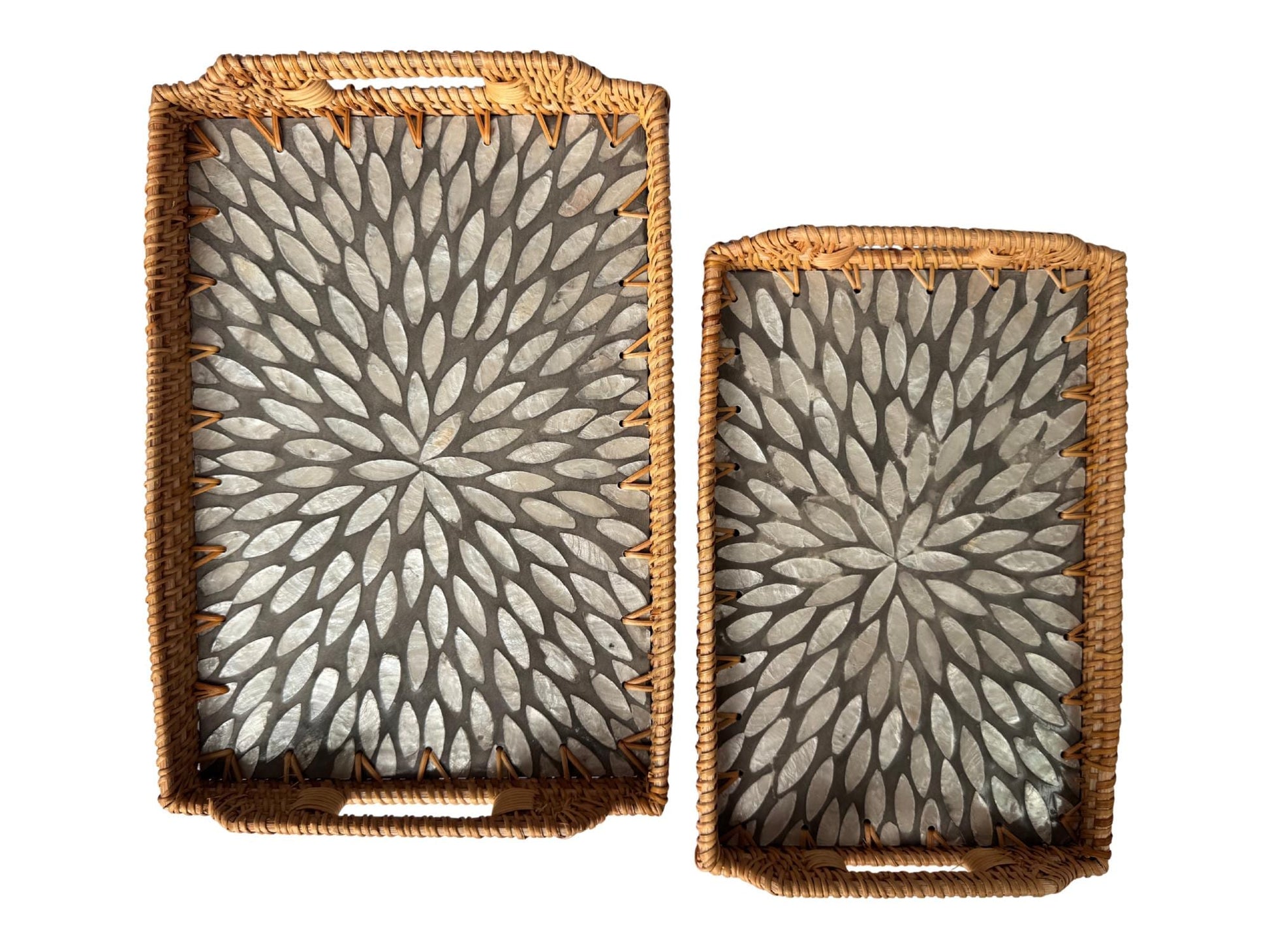 Rectangular Rattan Serving Tray with Handles, Mother of Pearl Inlay Wicker Tray for Coffee Table, Kitchen Organizer, Boho Home Decor Gift 151