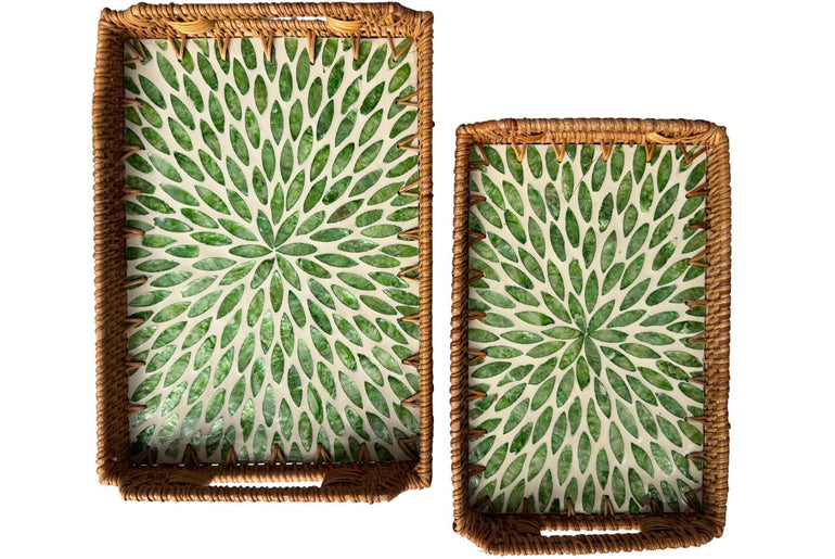 Rectangular Rattan Serving Tray with Handles, Mother of Pearl Inlay Wicker Tray for Coffee Table, Kitchen Organizer, Boho Home Decor Gift 98