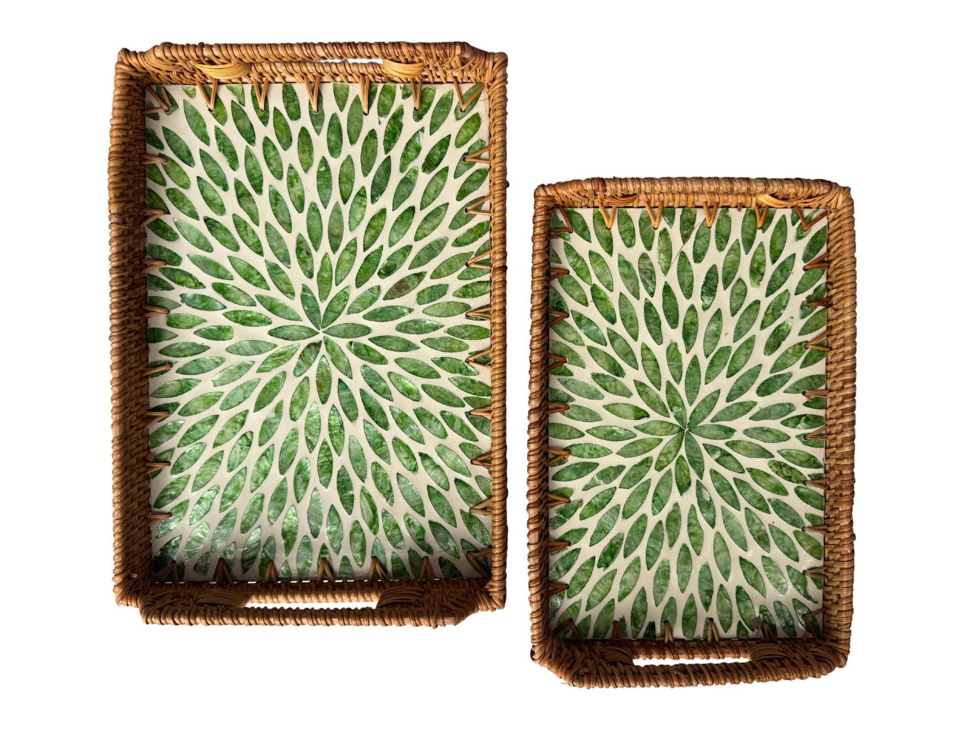 Rectangular Rattan Serving Tray with Handles, Mother of Pearl Inlay Wicker Tray for Coffee Table, Kitchen Organizer, Boho Home Decor Gift 98