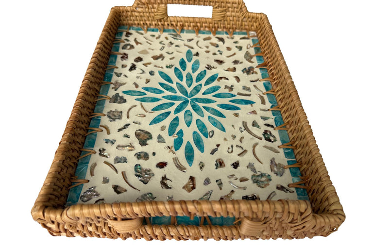 Rectangular Rattan Serving Tray with Handles, Mother of Pearl Inlay Wicker Tray for Coffee Table, Kitchen Organizer, Boho Home Decor Gift 99