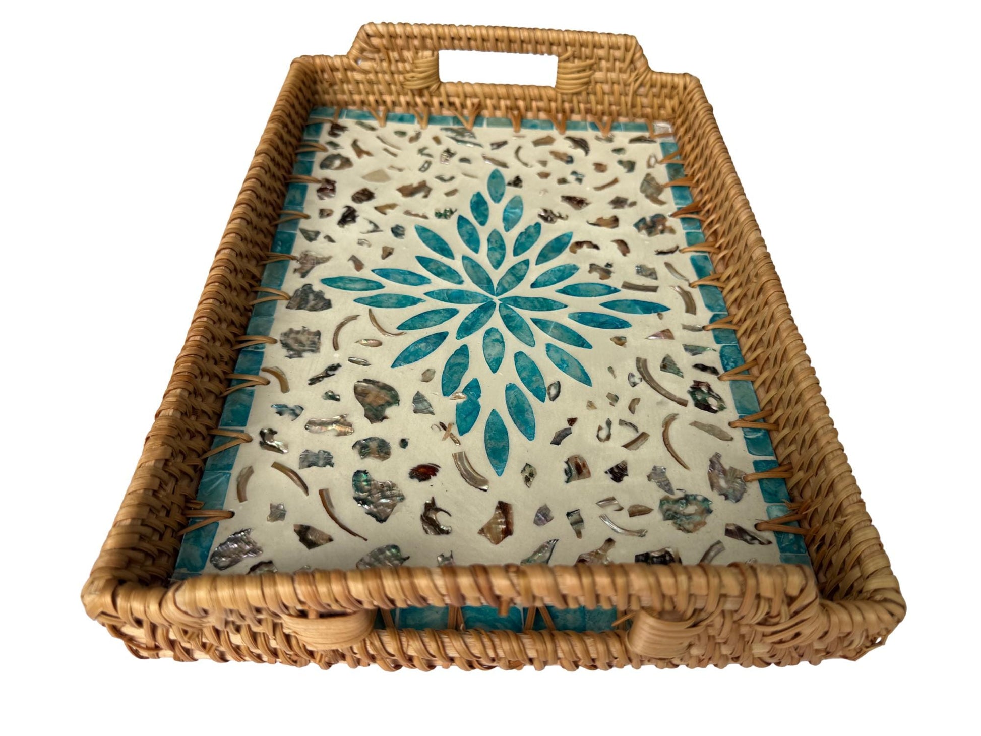 Rectangular Rattan Serving Tray with Handles, Mother of Pearl Inlay Wicker Tray for Coffee Table, Kitchen Organizer, Boho Home Decor Gift 99