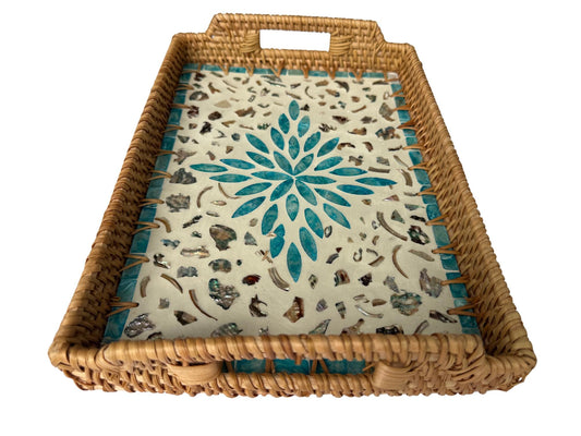 Rectangular Rattan Serving Tray with Handles, Mother of Pearl Inlay Wicker Tray for Coffee Table, Kitchen Organizer, Boho Home Decor Gift 99